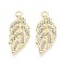 Alloy & Crystal Rhinestone Pendants, Leaf Charms, Light Gold, 27.5x11.5x2mm, Hole: 2mm