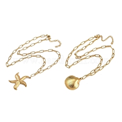 Двухслойные ожерелья в стиле бохо из нержавеющей стали 304 в форме морской звезды и ракушки для женщин&nbsp;LS-NJEW-F343-01G