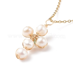 Колье с плетеным крестом из натурального зеленого авантюрина и жемчуга&nbsp;NJEW-JN03920-02