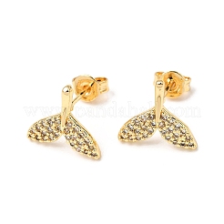 Серьги-гвоздики из латуни с микропаве из прозрачных кубических цирконий в форме рыбьего хвоста&nbsp;EJEW-A135-15G