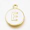 Brass Enamel Pendants, Long-Lasting Plated, Golden, White, Flat Round, Letter.E, 16.5x13x2mm, Hole: 1.5mm