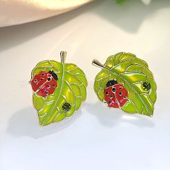 Серьги-гвоздики из сплава с эмалью в виде листа и божьей коровки&nbsp;FS-WG8EF19-02