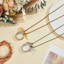 2 шт. 2 цвета нержавеющая сталь отпечаток лапы перо плоский круглый медальон из меха домашнего животного подвеска коробка цепочка ожерелья&nbsp;NJEW-DR00016