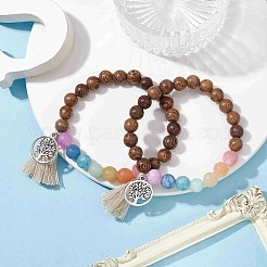 Браслет из натурального окрашенного белого нефрита и дерева&nbsp;BJEW-JB10056