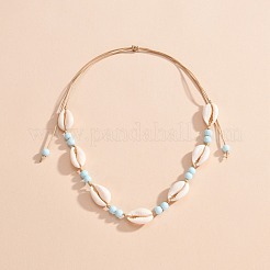 Женские плетеные ожерелья из натуральных ракушек каури и круглых акриловых бусин с вощеным шнуром&nbsp;FS-WG6249B-01