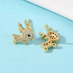 Серьги-гвоздики в форме оленя из латуни с микропаве из прозрачных кубических цирконий&nbsp;EJEW-F400-27A-G