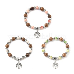3 шт. 3-цветные плоские круглые браслеты с подвесками из сплава в виде дерева жизни&nbsp;BJEW-JB12358