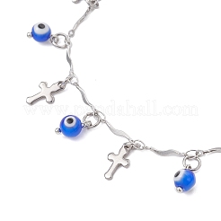 Браслеты на ногу ручной работы с подвесками в виде сглаза и цепочкой из нержавеющей стали 304 с перекрещивающимися звеньями и кисточками для женщин&nbsp;AJEW-AN00741-02