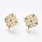 Brass Stud Earring Findings, Cubic Zirconia and Loop, Nickel Free, Real 18K Gold Plated, Flower, Green, 13x12mm, Hole: 0.8mm, Pin: 0.8mm