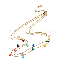 304 нержавеющая сталь шариковая цепочка разноцветные кубические цирконии плоские круглые кисточки двухслойные ожерелья для женщин&nbsp;LS-NJEW-A051-05G