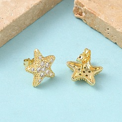 Серьги-гвоздики из латуни с микропаве из прозрачных кубических цирконий в виде морских звезд&nbsp;EJEW-Z144-19G