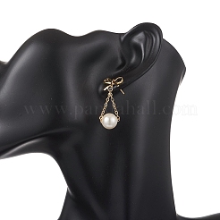 Серьги-гвоздики с бантом и круглыми латунными жемчужинами-ракушками&nbsp;EJEW-TA00779