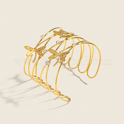 Женские браслеты-манжеты из полой нержавеющей стали 304 с прозрачными кубическими циркониями.&nbsp;WV1291-1