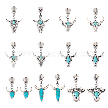 14 шт. 7 стиля слайдеров-молний из сплава в виде головы крупного рогатого скота и синтетической бирюзы&nbsp;HJEW-TAC0102-1