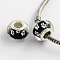 Large Hole Dog Paw Prints Pattern Resin European Beads, with Platinum Plated Brass Double Cores, Rondelle, White, 14x9mm, Hole: 5mm