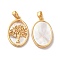Brass Shell Pendants, with Cubic Zirconia, Oval with Tree of Life Pattern, Real 18K Gold Plated, 21.5x14x3mm, Hole: 3.4x2mm