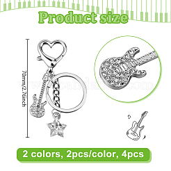 4 шт. 2-цветный сплав гитары со стразами и акриловой звездой брелок-подвеска&nbsp;KEYC-HY0001-33