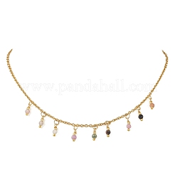 Ожерелье-нагрудник с гранеными круглыми натуральными разноцветными турмалинами диаметром 3 мм и цепочками из нержавеющей стали 304.&nbsp;NJEW-JN05943