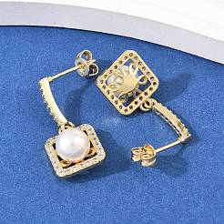 Квадратные серьги-гвоздики с подвесками из прозрачных кубических цирконий с микропаве из латуни&nbsp;EJEW-C172-05G
