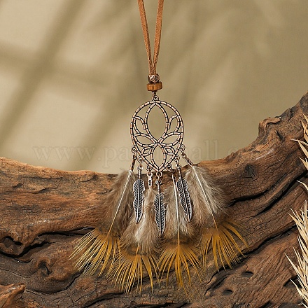 Женские ожерелья из искусственной замши с большим кулоном из сплава и дерева в этническом стиле с сеткой и перьями FS-WG285C1-01-1
