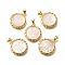 Brass with Natural Shell Carved Pendants, Rack Plating, Flat Round with Butterfly, Golden, 22x19.5x3mm, Hole: 3x4mm