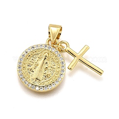 Стойки обшивки латунь микро проложить Циркон подвеску, святой бенедикт с крестом, без кадмия и без свинца, долговечный, реальный 18k позолоченный, 15.5x13x2 мм, отверстие : 4.5x4 мм