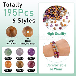 195 шт. 6 стиля круглых бусин из натурального фиолетового флюорита и дерева&nbsp;G-KS0001-18