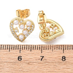Серьги-гвоздики из латуни с микро-паве и прозрачным фианитом в форме сердца&nbsp;EJEW-A152-03G