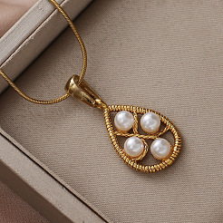 Женские ожерелья из нержавеющей стали 304 с подвеской в виде капли и искусственным жемчугом&nbsp;BY5835