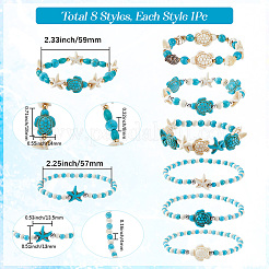 8шт. набор браслетов из синтетических бирюзовых бусин с черепахой и морской звездой&nbsp;BJEW-SC0001-47