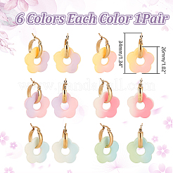 6 пара серег-колец из двухцветного непрозрачного акрила с цветочным градиентом и нержавеющей сталью 304&nbsp;EJEW-AR00005