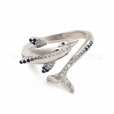 Открытое кольцо-манжета с голубым цирконием и дельфином&nbsp;RJEW-C048-08P-1