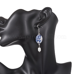 Овальные серьги-подвески из нержавеющей стали 304 с цветочным узором.&nbsp;EJEW-JE06925