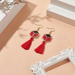 Плетеные шестиугольные серьги с подвесками из стеклянных косточек&nbsp;EJEW-MZ00052-02