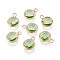 Golden Tone Brass Glass Charms, Flat Round, Faceted, Light Green, 11~12x8.5~9x3.5~4mm, Hole: 1.8~2mm