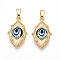 Brass Glass Pendants, Eye, Real 18K Gold Plated, 19x12x4.9mm, Hole: 2~2.5x5mm