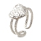 Brass Cuff Rings for Women, Cadmium Free & Lead Free, Heart, Stainless Steel Color, 12x12.5mm, Inner Diameter: 17.5mm