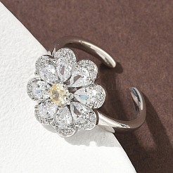 Кольца-манжеты из цветочной латуни с микропаве из кубического циркония для женщин&nbsp;RJEW-A069-01B-P