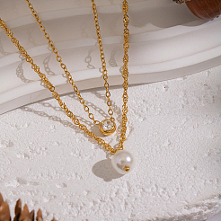 Двухслойные ожерелья для женщин из нержавеющей стали 304 с прозрачными кубическими цирконами и имитацией жемчуга&nbsp;AM8128