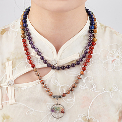 Ожерелье-подвеска из натурального смешанного камня «Древо жизни» с круглыми цепочками из бисера&nbsp;NJEW-AB00015-01