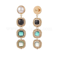 Стеклянные прямоугольные длинные серьги-гвоздики с бусинами и искусственным жемчугом&nbsp;EJEW-TA00141-01