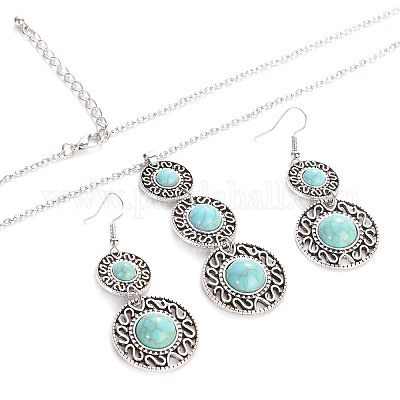 Комплекты из ожерелий и серег-подвесок из сплава и синтетической бирюзы в стиле бохо WG43411-08-1