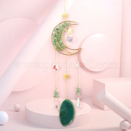 Обернутая проволокой натуральная зеленая авантюриновая луна с подвесками в виде дерева жизни&nbsp;HJEW-K046-07G-04-1