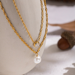 Двухслойные ожерелья для женщин из нержавеющей стали 304 с прозрачными кубическими цирконами и имитацией жемчуга&nbsp;AM8128