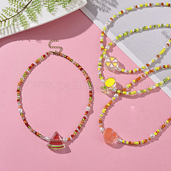 Ожерелье с кулоном из акриловой эмали с фруктами и цепочками из стеклянных семян для женщин&nbsp;NJEW-JN04293