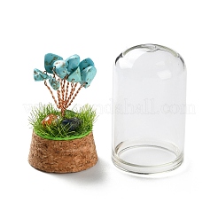 Денежное дерево из синтетических потрескавшихся бирюзовых чипсов в стеклянных банках-колоколах с деревянным основанием&nbsp;DJEW-K030-02G