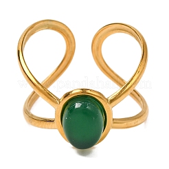 Овальные перстни из натурального окрашенного и нагретого зеленого оникса-агата&nbsp;RJEW-Q822-22G-01