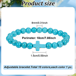 10шт. 10 стиля браслетов из натуральной лавы и окрашенной синтетической бирюзы с крестообразными бусинами&nbsp;BJEW-AN0001-76