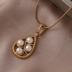 Женские ожерелья из нержавеющей стали 304 с подвеской в виде капли и искусственным жемчугом&nbsp;BY5835