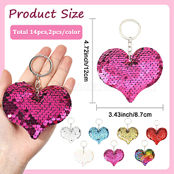 14 шт. 7 цвета ПВХ светоотражающие пайетки брелок в форме сердца подвеска&nbsp;KEYC-YW0001-27